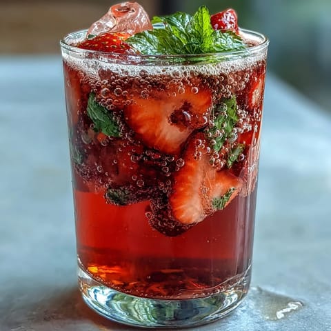 Refreshing strawberry lemon sparkling mocktail with vibrant red berries and citrus slices in chilled glasses, garnished with fresh mint.