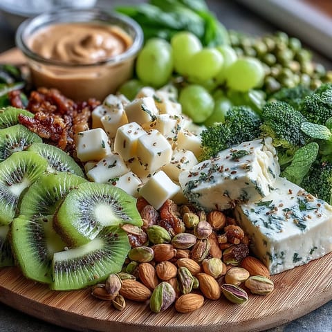 Festive St. Patrick's Day Green Food Board with vibrant fruits, veggies, cheeses, and snacks arranged for a colorful celebration spread.