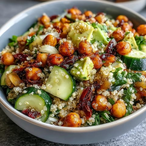 Vibrant grain bowl with roasted chickpeas, fresh vegetables, and zesty lemon vinaigrette drizzled on top.