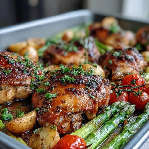 Vibrant Healthy Easy Sheet Pan Chicken with Spring Veggies - juicy chicken breasts paired with fresh spring vegetables, roasted in a zesty lemon marinade.