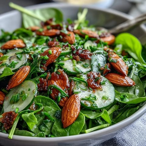 A vibrant spring green salad with honey mustard dressing, topped with crunchy toasted almonds and fresh herbs. A refreshing, crisp appetizer or light lunch.