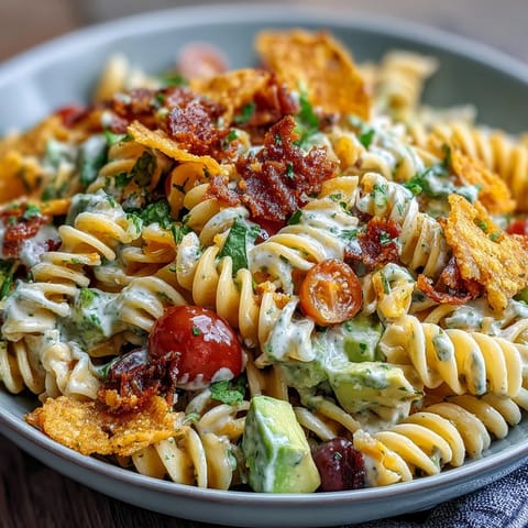 Colorful Easy Taco Pasta Salad with vibrant veggies, creamy dressing, and crunchy tortilla chips, perfect for summer potlucks.