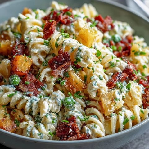 Colorful Hawaiian pasta salad with ham, pineapple, and ranch dressing, perfect for summer gatherings.  