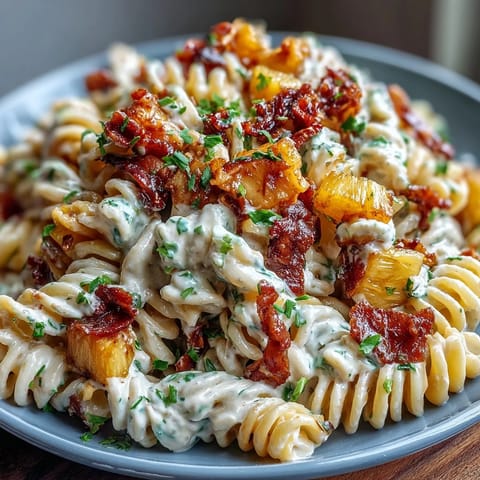 Creamy ranch pasta salad featuring sweet pineapple, savory ham, and crisp vegetables in a tropical twist.  