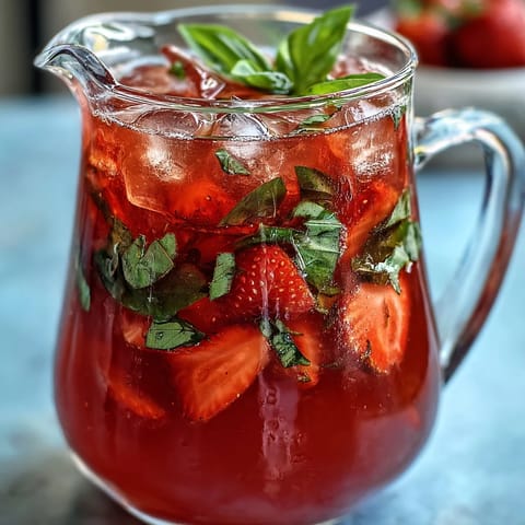 A vibrant pitcher of strawberry basil lemonade mocktail with fresh basil and lemon slices, perfect for summer entertaining.