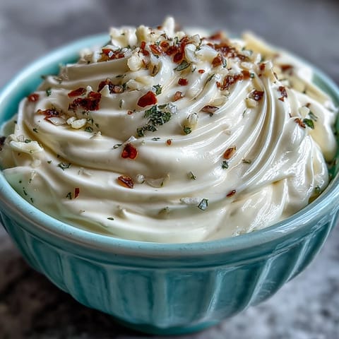 Creamy garlic aioli drizzled over crispy golden fries, offering a rich and tangy homemade mayonnaise dip.