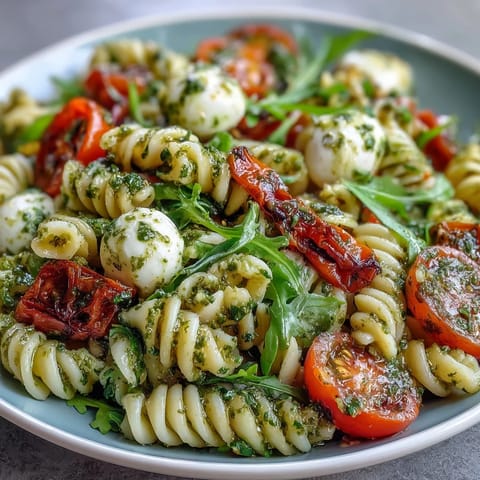 Vibrant summer pasta salad with pesto, cherry tomatoes, and mozzarella, bursting with fresh flavors and perfect for warm-weather dining.