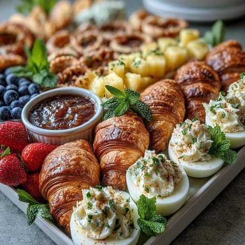 Festive Easter brunch board with deviled eggs, fresh fruit, and mini pastries for a colorful spring spread.  