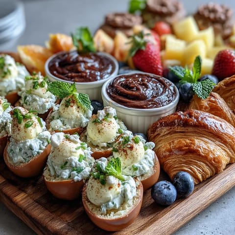 Vibrant Easter brunch platter featuring classic deviled eggs, seasonal fruit, and assorted pastries, perfect for sharing.  