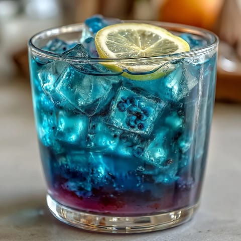 Vibrant blue butterfly pea flower lemonade with fresh lemon slices, changing to purple when citrus is added, served over ice in a tall glass.