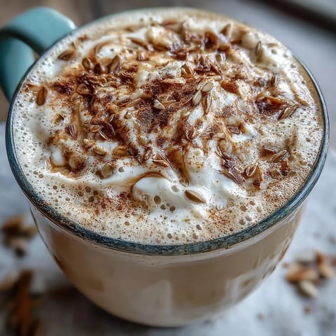 Creamy dandelion tea latte with oat milk and vanilla, served in two mugs with a sprinkle of cinnamon.