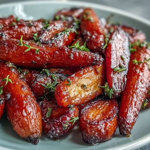 Honey glazed roasted carrots with thyme, caramelized and tender, served on a white platter with fresh herb garnish.