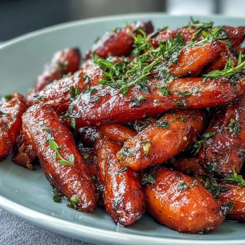 Golden roasted carrots drizzled with sweet honey glaze and fresh thyme, perfect as a vibrant Easter side dish.