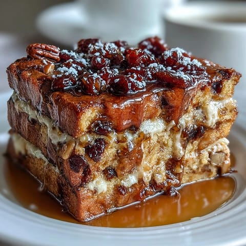 Golden-brown capirotada mexicana layered with toasted bread, piloncillo syrup, nuts, and raisins, perfect for Lent or holidays.