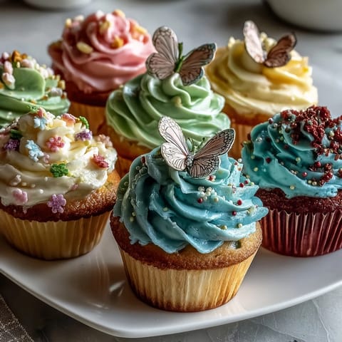 Spring Cupcakes with Pastel Butterfly Buttercream: delicate vanilla cupcakes topped with pastel buttercream swirls and edible butterfly decorations for a festive spring dessert.  