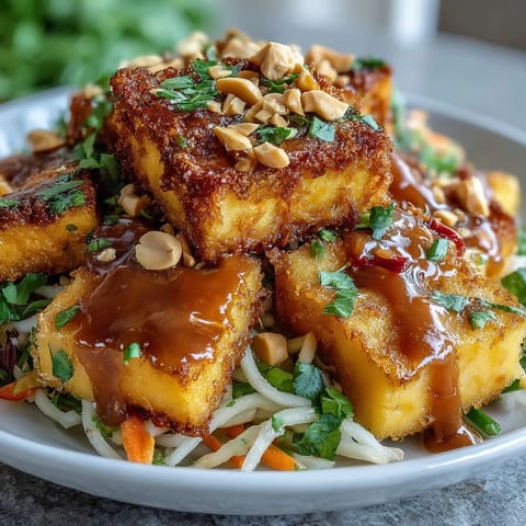 Vibrant Thai Mango Salad with Crispy Tofu topped with luscious peanut sauce.