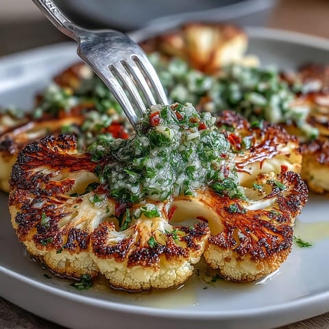 Smoky BBQ Cauliflower Steaks topped with vibrant, fresh chimichurri sauce.