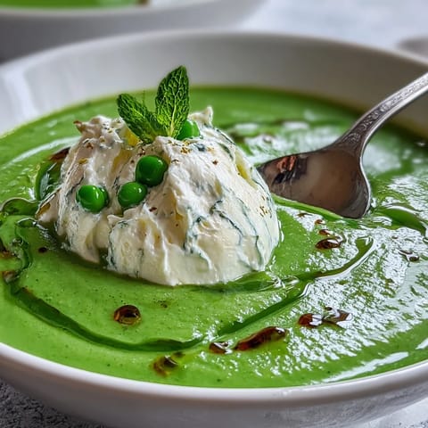 Vibrant spring pea soup with creamy ricotta and fresh mint oil.
