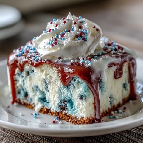 Vibrant Patriotic Poke Cake layered with fruity gelatin and decadent white chocolate topping.