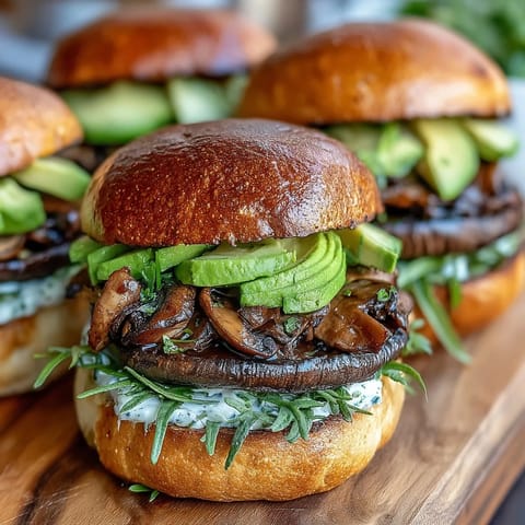 Juicy grilled portobello mushroom burgers piled high with fresh avocado and toppings.