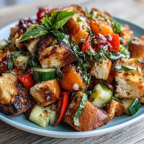Vibrant Italian Summer Panzanella bursting with crisp vegetables and tangy dressing overhead.