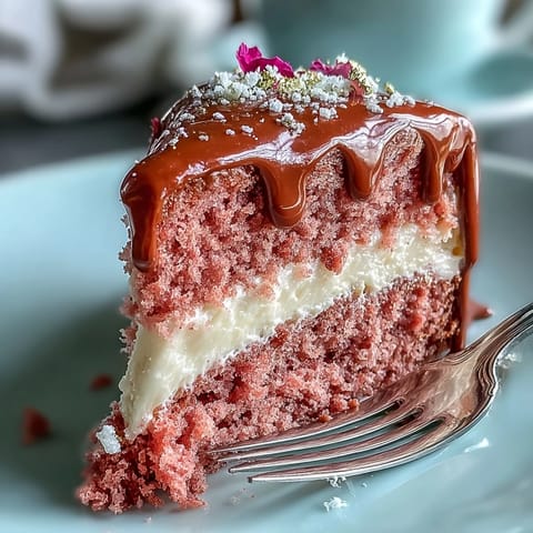 Decadent Rosé Velvet Cake, frosted and elegantly drizzled with shimmering gold.