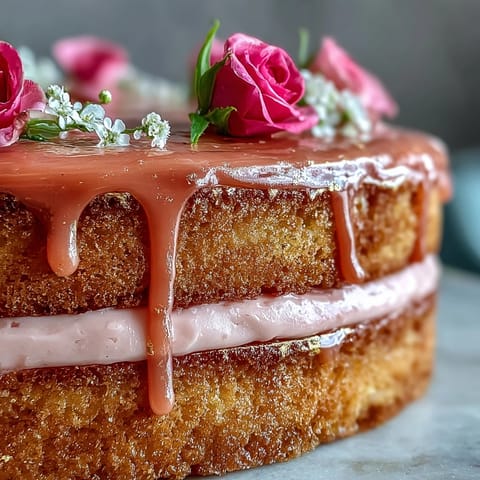 A decadent Bridal Shower Rosé Velvet Cake, creamy frosting, and shimmering gold finish.