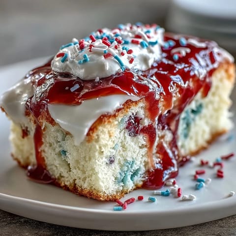 Festive Patriotic Poke Cake with creamy white chocolate ganache, ready for July 4th.