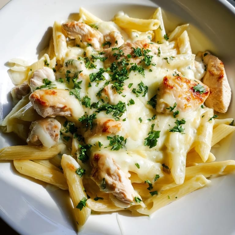 Golden brown Chicken Alfredo Bake fresh from the oven, ready to serve with parsley.