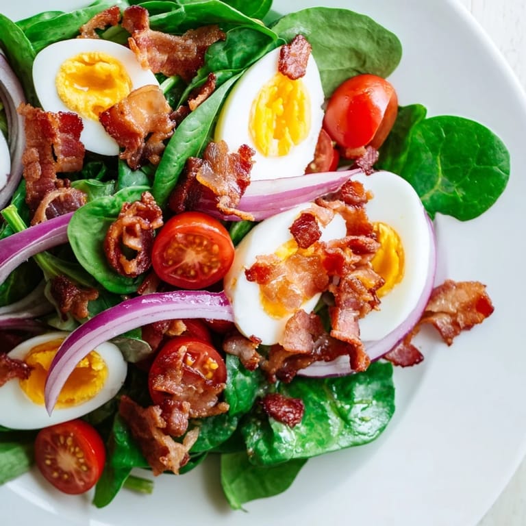 This delicious spinach salad with bacon includes tomatoes and a zesty, homemade vinaigrette.