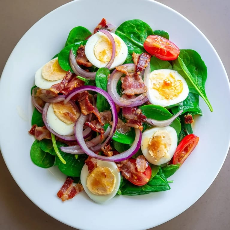A refreshing close-up of the spinach salad with bacon showcasing the colorful ingredients.