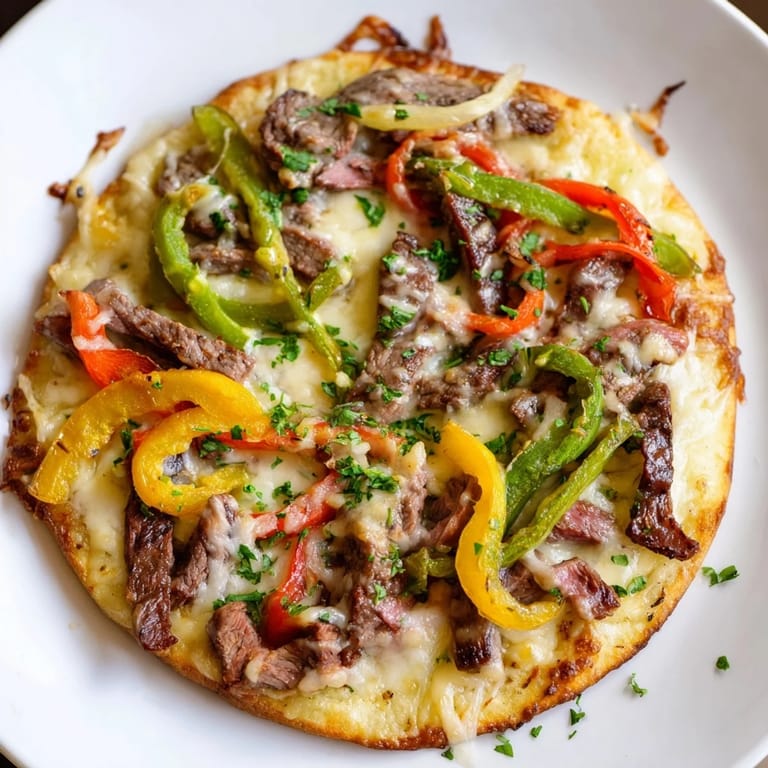 Golden, bubbly cheese blankets the delicious Philly Cheesesteak Pizza, ready to be sliced and devoured.