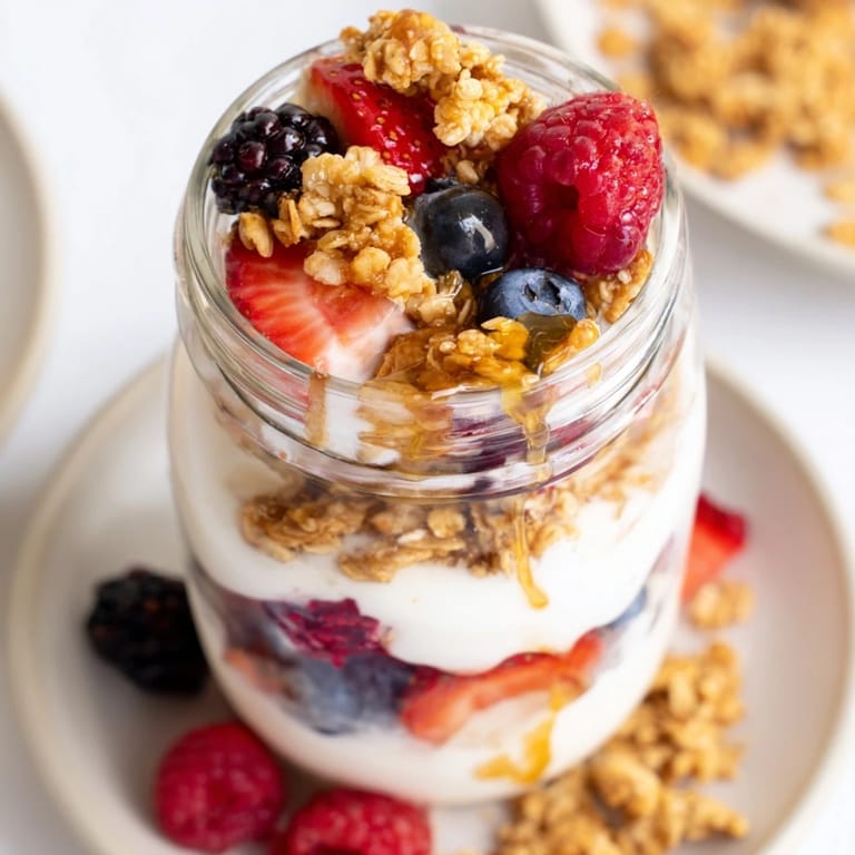 Enjoy a layered berry parfait: a beautiful, delicious dessert with yogurt, granola, and ripe, colorful berries.