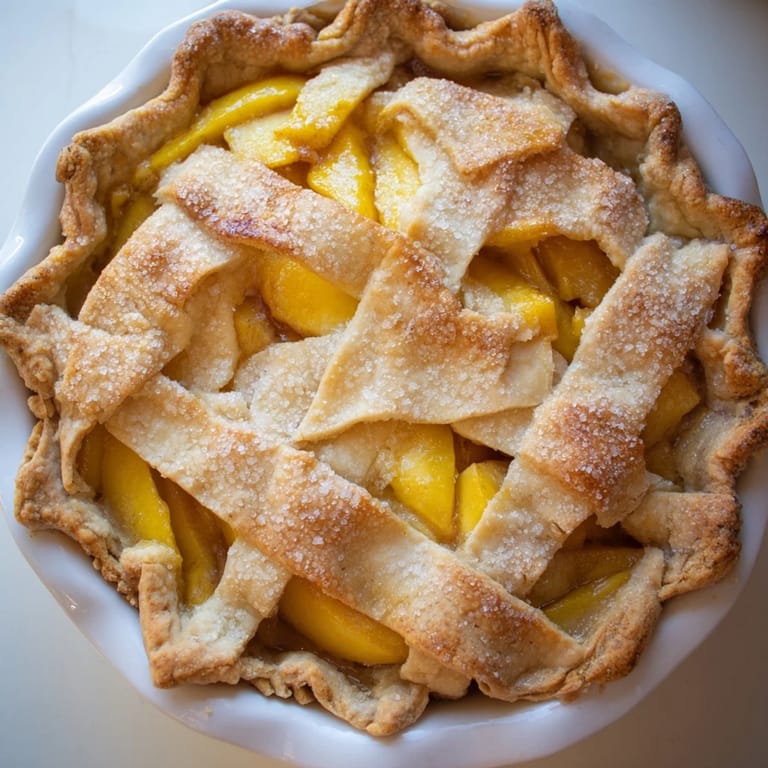 Warm Peach Pie, fresh from the oven, with a crispy crust and delightful, fruity aromas.