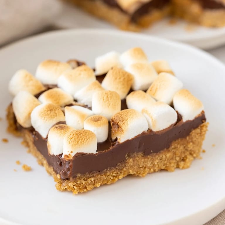 Perfectly baked Smores Bars, ideal for sharing; imagine the textures of chocolate and graham crackers.