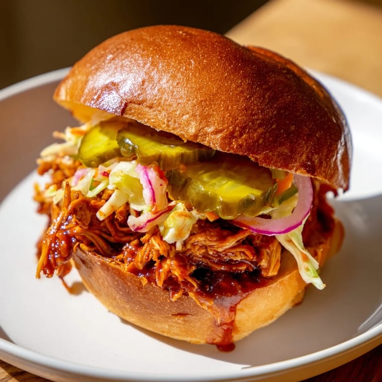 A close-up of a flavorful BBQ Chicken Sandwich, ready to eat, with visible shredded chicken.