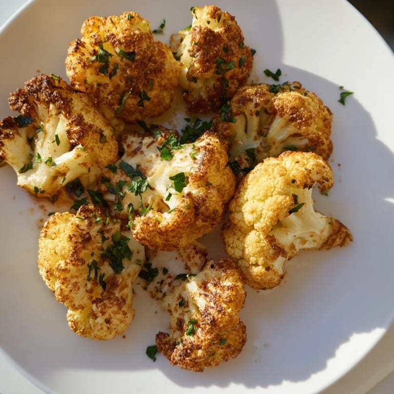 The aroma of smoky spices surrounds the warm, roasted cauliflower florets, perfect as a snack.