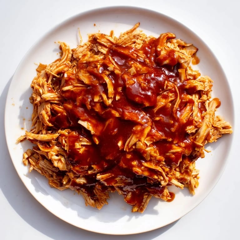 Tender BBQ pulled chicken, glistening and flavorful, perfect for sandwich fillings or a hearty meal.