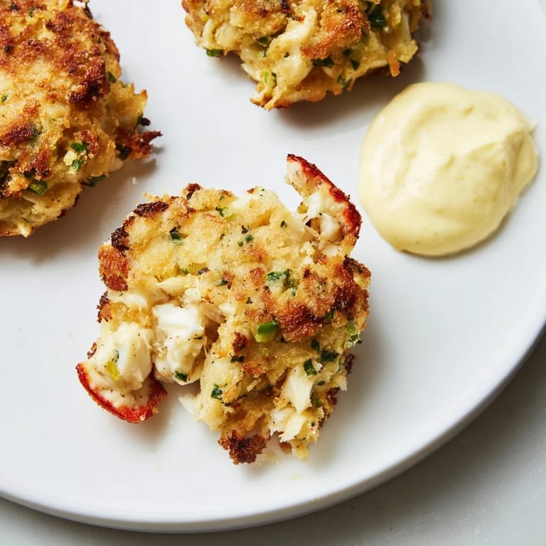 Close-up of flaky crab cakes showcasing fresh herbs and breadcrumbs with a bright, flavorful sauce.