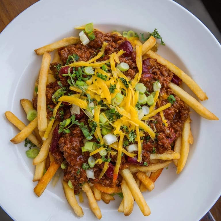 A generous serving of chili cheese fries: golden fries buried under flavorful chili and bubbling cheddar cheese.