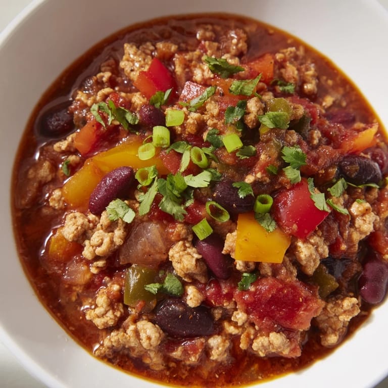 Close-up shot shows a rich, savory turkey chili with tender beans and vibrant tomatoes.