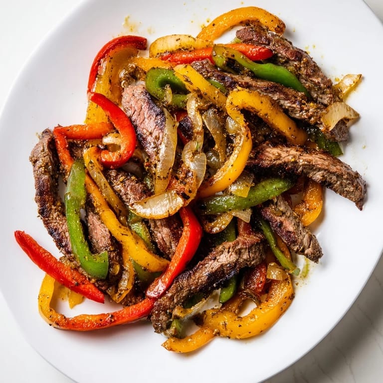 A close-up of beautifully seared steak fajitas, aromatic spices and vibrant veggies piled high.