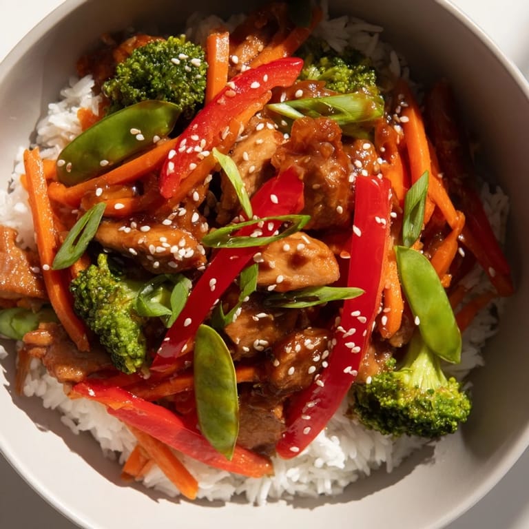 Bright and appetizing image of a homemade teriyaki chicken bowl ready to eat and enjoy.