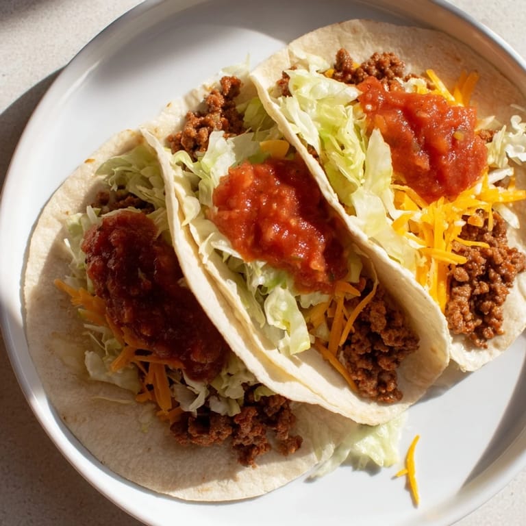 A close-up of delicious classic beef tacos, overflowing with savory meat and shredded cheese.