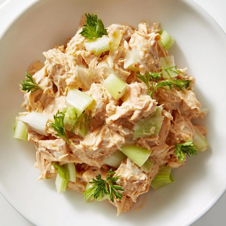 A vibrant, chilled Spicy Zesty Tuna Salad garnished with parsley and lemon wedges, ready to be scooped onto a sandwich.