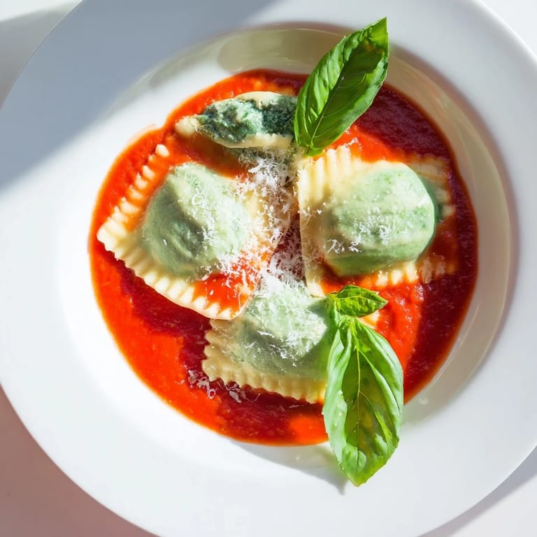 Freshly cooked Spinach Ricotta Ravioli steaming gently, ready to be enjoyed with a glass of crisp white wine.