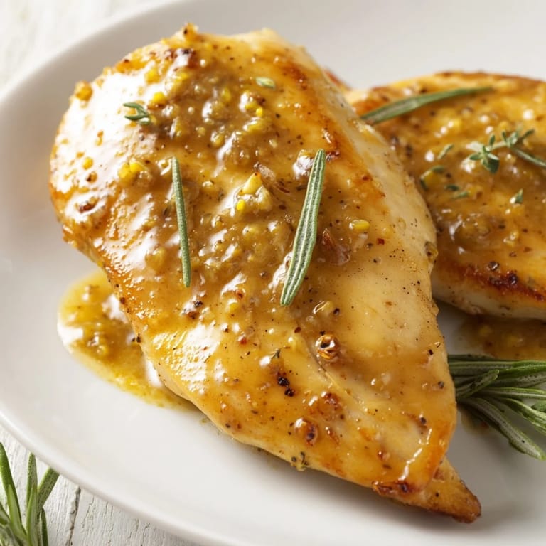 Perfectly cooked Honey Dijon Chicken Skillet featuring a sweet and tangy glaze, fresh parsley garnish, and steam rising from the pan.