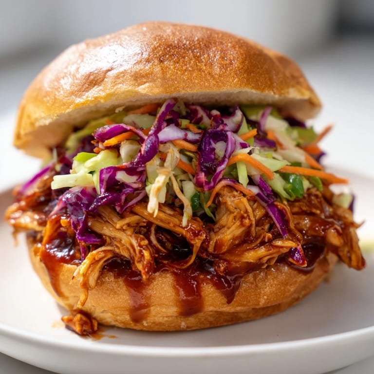 Close-up of a juicy Pulled Chicken Sandwich served on soft brioche with slaw.