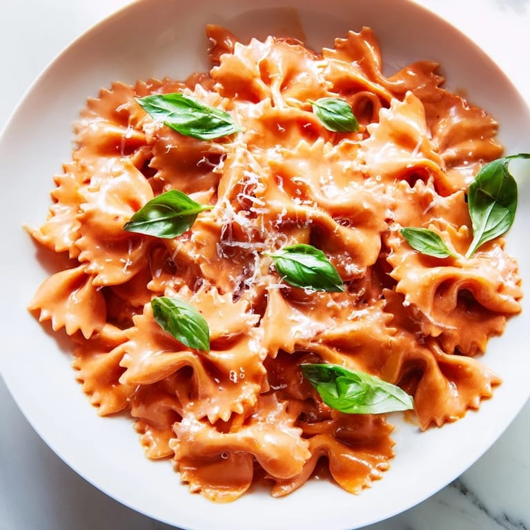 Bowtie pasta nests in a velvety tomato basil cream sauce, garnished with Parmesan and fresh basil leaves.