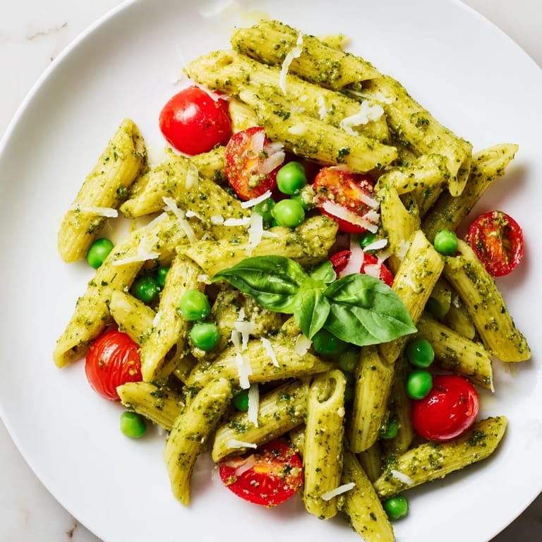 A vibrant bowl of Green Pesto Pasta Salad with fusilli, juicy tomatoes, and peas, drizzled with olive oil on a wooden table.